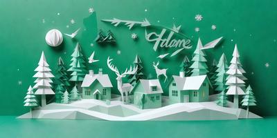 Primary subject: A winter scene with a deer and a house.

Setting/background: The scene is set in a snowy environment, with a house and trees in the background.

Visual style: The image is a digital artwork, featuring a 3D-like representation of the winter scene.

Colors and mood: The image is predominantly green, with white snow and red accents, creating a cozy and festive atmosphere.
